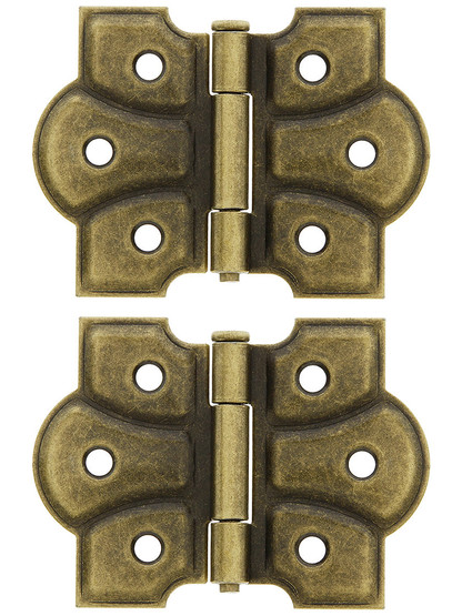 Pair of Small Craftsman Flush Mount Cabinet Hinges - 1 3/4 inch H x 2 3/8 inch W in Antique Brass